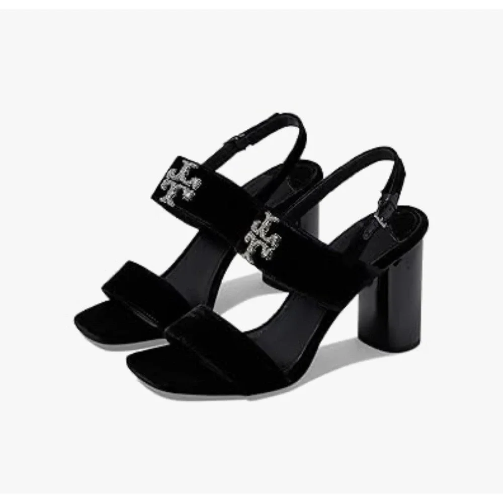 Tory Burch Eleanor Pave Heel Sandal in Black Velvet‎ Leather Rt-428$ Sz-9.5